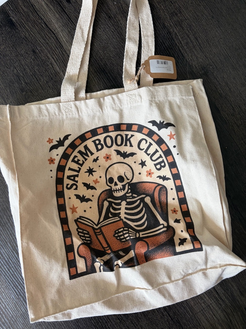 Salem Book Club Halloween Skeleton Canvas Tote - Cream & Orange